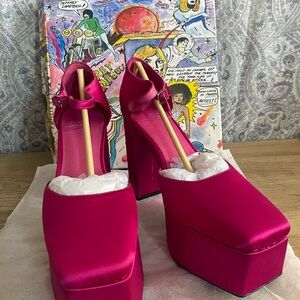 Jeffrey Campbell Ovr-N-Out Fuchsia Satin Square-Toe Ankle Strap Platform Pumps